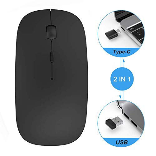 EasyULT Ratón Inalámbrico Recargable, Portátil 2.4G con Receptor Tipo C y USB, Ratón óptico Silencioso Click Mini, Ultra Delgado 1600 dpi para Computadora Portátil, PC, Computadora, Macbook (Negro)