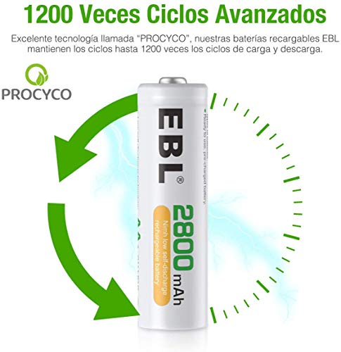 EBL 2800mAh Pilas Recargables AA Ni-MH 1200 Ciclo Alta Capacidad (4 Unidades)