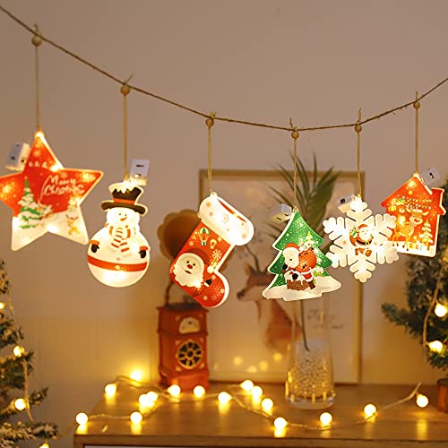 Eco Memos Cadena de luces de Navidad con pilas con 6 colgantes de Navidad – 3 modos de luces de hadas superbrillantes decoración de pared interior al aire libre, caja de colores