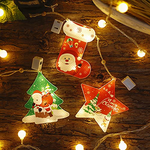 Eco Memos Cadena de luces de Navidad con pilas con 6 colgantes de Navidad – 3 modos de luces de hadas superbrillantes decoración de pared interior al aire libre, caja de colores
