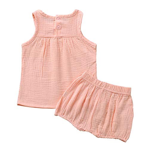 Edjude Conjuntos Bebé Niña Verano Camiseta sin Mangas Lino Algodón Pantalones Corto Pololos Suelto Rosa 18-24 Meses