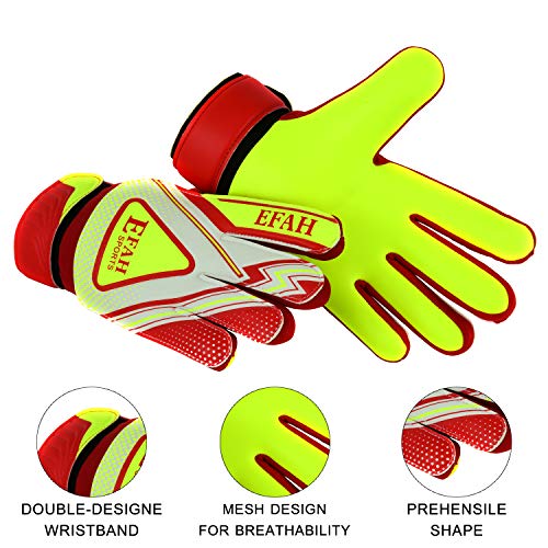 EFAH Guantes de Portero de fútbol para niños y niñas con Fuerte Agarre Protector Palmas (Red/Yellow, Size 2 Suitable for 4 to 5 Year Old)