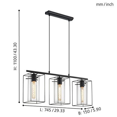 EGLO Lámpara colgante Loncino, lámpara de techo vintage de 3 focos, lámpara colgante de acero, color negro, cristal cristal ahumado, portalámparas E27, L 74.5 cm