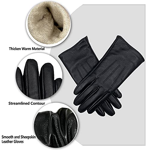 ehsbuy Guantes de piel de oveja genuina mujeres suave moda señoras guantes de cuero pantalla táctil caliente lana forrado invierno guantes, Negro, 85