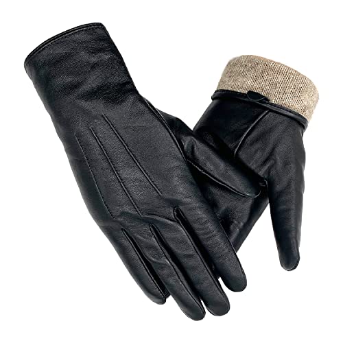 ehsbuy Guantes de piel de oveja genuina mujeres suave moda señoras guantes de cuero pantalla táctil caliente lana forrado invierno guantes, Negro, 85