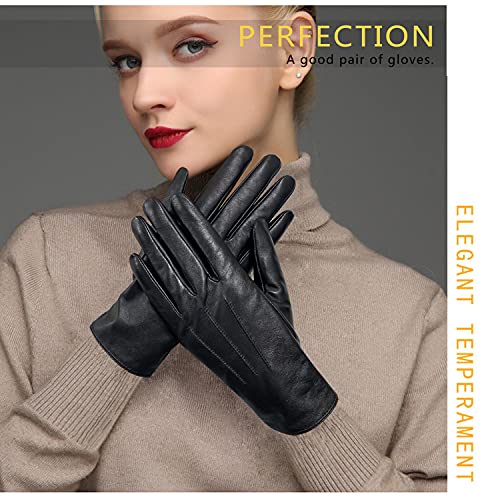 ehsbuy Guantes de piel de oveja genuina mujeres suave moda señoras guantes de cuero pantalla táctil caliente lana forrado invierno guantes, Negro, 85
