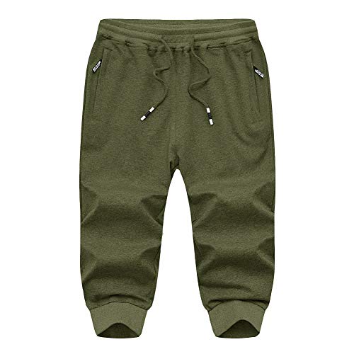 EKLENTSON Hombre 3/4 Jogger Pantalones Capri Cortos Deportivos Pantalones con Cremallera Bolsillo,Hombre,Verde Militar,W32