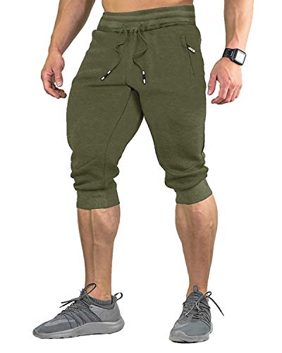 EKLENTSON Hombre 3/4 Jogger Pantalones Capri Cortos Deportivos Pantalones con Cremallera Bolsillo,Hombre,Verde Militar,W32