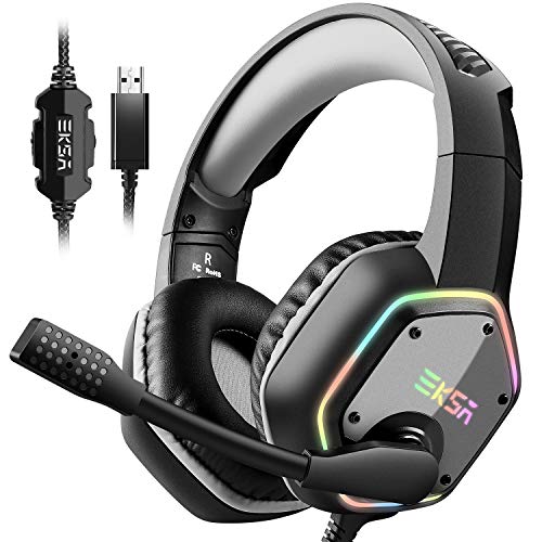 EKSA E1000 Cascos Gaming USB para PC, Over Ear Auriculares Gaming con Cable, Micrófono con Cancelación de Ruido, Sonido Envolvente 7.1, Luz RGB para Consola PS4 / PS5, Laptop - gris