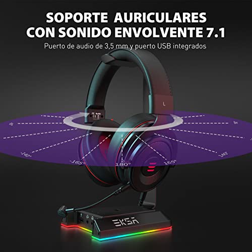 EKSA W1 Soporte Auriculares Gaming con RGB, Accesorios Gaming para PC, Sonido Envolvente 7.1 Soporte Cascos con 3 Puertos 3.5mm y 2 Puertos USB, Aluminio Soporte Cascos Gaming para PS4/PS5/XBOX