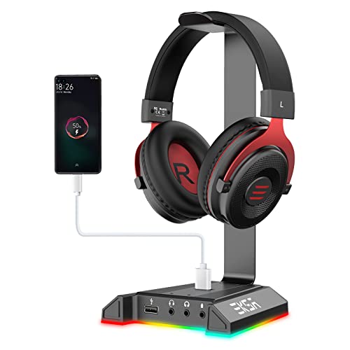 EKSA W1 Soporte Auriculares Gaming con RGB, Accesorios Gaming para PC, Sonido Envolvente 7.1 Soporte Cascos con 3 Puertos 3.5mm y 2 Puertos USB, Aluminio Soporte Cascos Gaming para PS4/PS5/XBOX