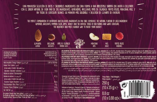 El Almendro, Barritas de Almendra con Chocolate Blanco y Frutos Rojos, Barritas Energeticas, Barritas Cereales, 10 porciones de 25 Gramos, 250 Gramos