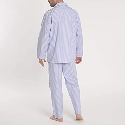 El Búho Nocturno - Pijama Hombre Largo Premium Solapa Popelín Rayas Celeste-Amarillo 100% algodón Talla 6 (XXL)