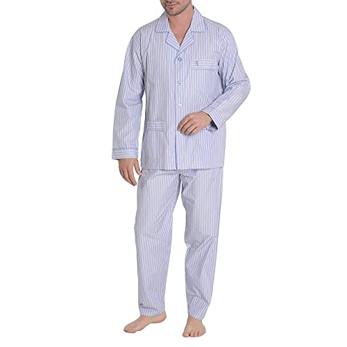 El Búho Nocturno - Pijama Hombre Largo Premium Solapa Popelín Rayas Celeste-Amarillo 100% algodón Talla 6 (XXL)