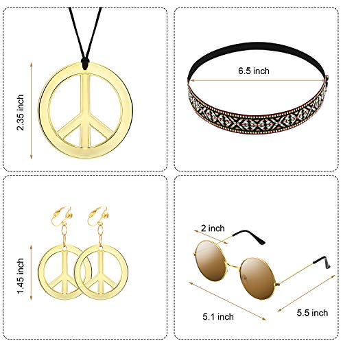 El conjunto de disfraces para mujeres y hombres de Hippie incluye gafas de sol, un collar con el signo de la paz y un pendiente con el signo de la paz, una diadema de Bohemia para hacerte atractiva en