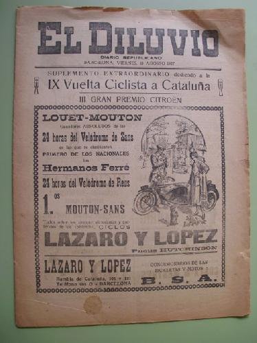 EL DILUVIO. Diario Republicano. Suplemento Extraordinario dedicado a la IX VUELTA CICLISTA A CATALUÑA. 1927