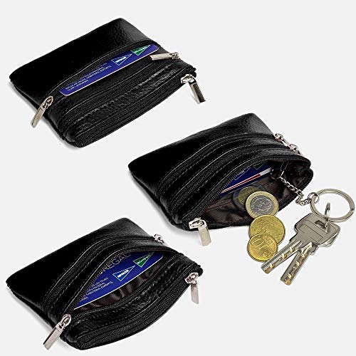 Eleccio Bella Cartera Monedero Pequeño Piel Genuina Auténtica con Cremallera para Hombre y Mujer 0.1Litros (Negro)