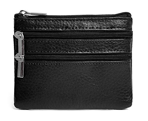 Eleccio Bella Cartera Monedero Pequeño Piel Genuina Auténtica con Cremallera para Hombre y Mujer 0.1Litros (Negro)