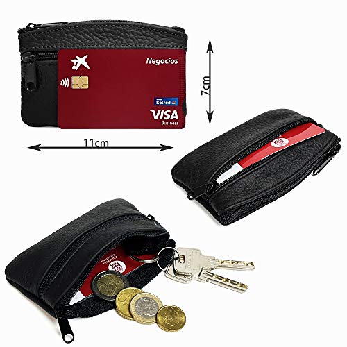 Eleccio Bella Cartera Monedero Pequeño Piel Genuina Auténtica con Cremallera para Hombre y Mujer 0.1Litros (Negro)