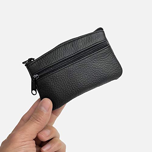 Eleccio Bella Cartera Monedero Pequeño Piel Genuina Auténtica con Cremallera para Hombre y Mujer 0.1Litros (Negro)
