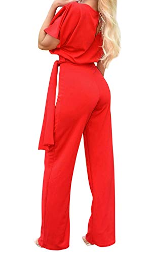 Eledobby Mono Elegante Mujer con Cinturón Manga Corta Piernas Anchas Mamelucos Largo Oficina Escote en O Vestir Cintura Alta Otoño Ropa Casuales Rojo S