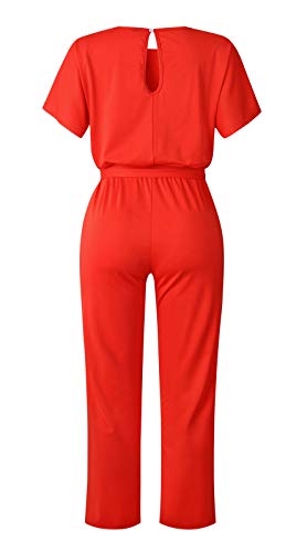 Eledobby Mono Elegante Mujer con Cinturón Manga Corta Piernas Anchas Mamelucos Largo Oficina Escote en O Vestir Cintura Alta Otoño Ropa Casuales Rojo S