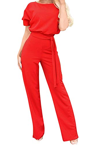 Eledobby Mono Elegante Mujer con Cinturón Manga Corta Piernas Anchas Mamelucos Largo Oficina Escote en O Vestir Cintura Alta Otoño Ropa Casuales Rojo S