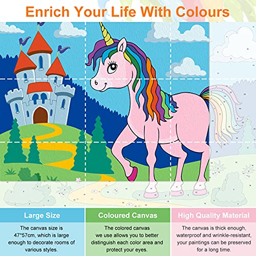 Emooqi Pintar por Números Niños, DIY Paint by Numbers Kits de Pintura Numeros con Lienzo, Cuadros por Numeros, Pinceles y Pinturas Acrílicas para Decoración Hogar, Sin Marco, 47 x 57cm (Unicornio)