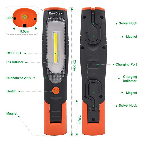 ENUOTEK Lampara Linterna de Trabajo de COB LED 4W y 3W Recargable Portatil Muy Potente con Imanes Potentes y Dos Ganchos Bateria de Litio 2600mAh