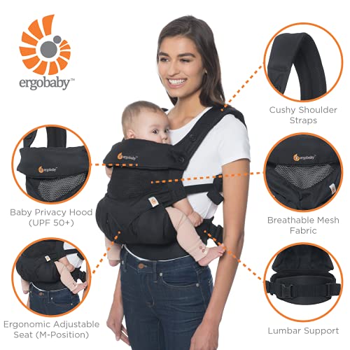 Ergobaby Portabebés 360 Cool Air Mesh Gris Carbón, Bolsa de transporte ergonómica 4en1 Sistema de transporte para bebés Portabebés hasta 20 kg