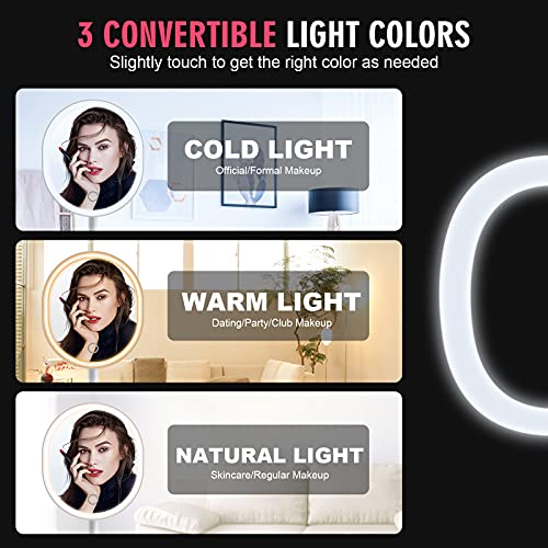 Espejo Maquillaje con Luz, 3 Colores 46 LED Plegable Espejo de Maquillaje con Diseño Almacenable, Pantalla Táctil para Ajustar el Modo de Brillo, Rotación de 90° Espejos con Luz con Poder Dual
