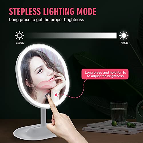 Espejo Maquillaje con Luz, 3 Colores 46 LED Plegable Espejo de Maquillaje con Diseño Almacenable, Pantalla Táctil para Ajustar el Modo de Brillo, Rotación de 90° Espejos con Luz con Poder Dual