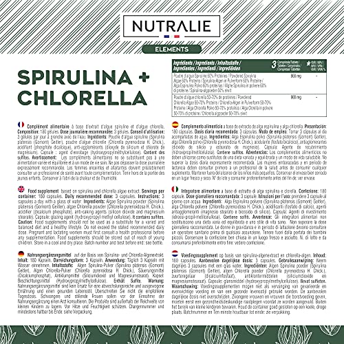 Espirulina & Chlorella 1800mg | Detox, Energía, Fuerza y Efecto Saciante | Superalimento Rico en Proteínas y Vitaminas | 180 Capsulas 100% Veganas | Nutralie