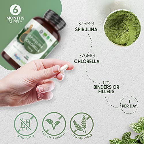 Espirulina y Chlorella Orgánica 180 Cápsulas Vegano - Suplemento Natural y Ecológico de Espirulina y Chlorella de 750mg por Cápsula, Superalimento Potente Fuente de Proteínas Minerales Vitaminas