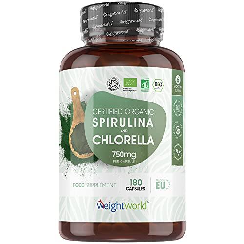 Espirulina y Chlorella Orgánica 180 Cápsulas Vegano - Suplemento Natural y Ecológico de Espirulina y Chlorella de 750mg por Cápsula, Superalimento Potente Fuente de Proteínas Minerales Vitaminas