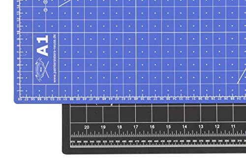 Esterilla de corte profesional A1 60 x 90 cm impreso por ambos lados: cm & inch, 5 capas, autorreparable, bicolor azul/negro, 3 mm de grosor