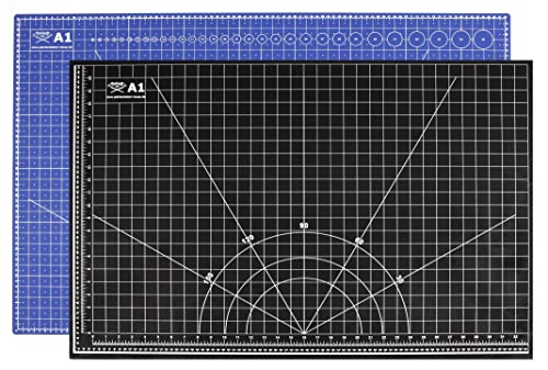 Esterilla de corte profesional A1 60 x 90 cm impreso por ambos lados: cm & inch, 5 capas, autorreparable, bicolor azul/negro, 3 mm de grosor