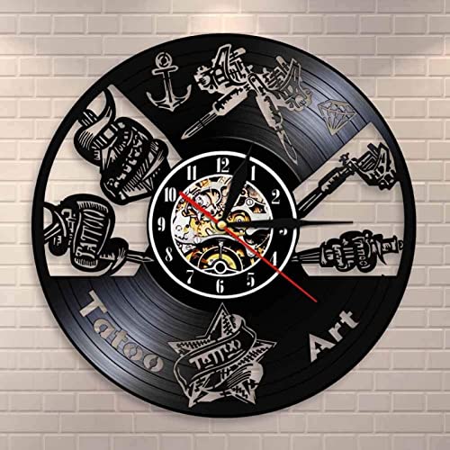 Estudio de tatuajes, letrero de pared, salón de tatuajes, registro de vinilo, reloj de pared silencioso, reloj, tienda, máquina de tatuaje, decoración artística de pared, regalo para hombres Hipster