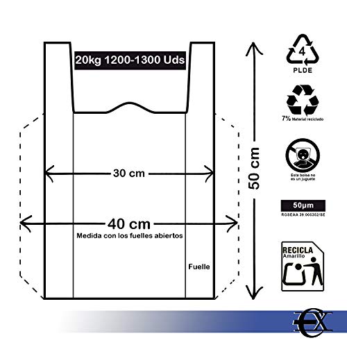 EUROXANTY® Bolsas de Plástico Tipo Camiseta | Alta resistencia | Reutilizables y Reciclables | Material Polietileno de Alta Densidad | Con Asas | Apta para Alimentos | 30 x 40 | 95/100 uds