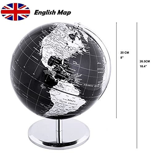 Exerz 20cm Globo Terráqueo - en Inglés - Decoración de escritorio educativa/geográfica/moderna - Con una base de metal - Negro Metálico - Diámetro: 20cm