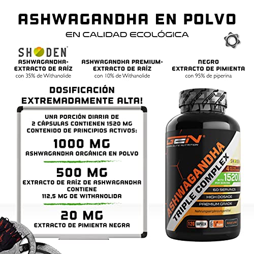Extracto de Ashwagandha - Premium: Dosis Ultra Alta con 1520 mg - Shoden® Extracto de Raíz de Ashwagandha (35% Withanolide) + Polvo de Ashwagandha Orgánica + Piperina - 120 Cápsulas - Vegan