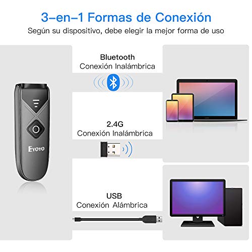 Eyoyo 2D Escáner de Código de Barras Bluetooth, 1D Mini Lector de Código de Barras QR con 3-en-1 Conexión USB Cable/Bluetooth/ 2,4G Inalámbrico para iOS, Android, Tabletas y PC