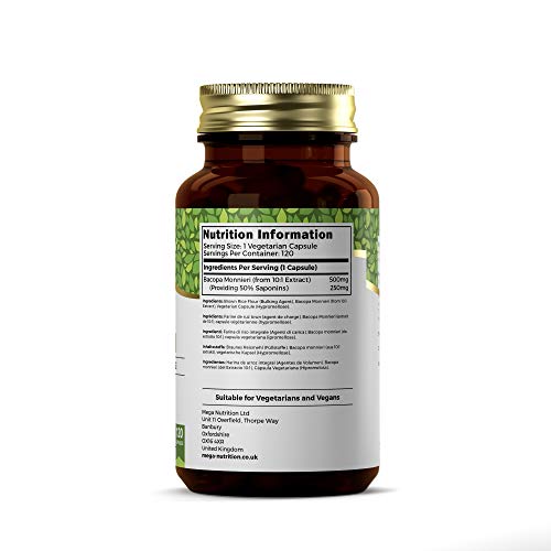 Ezyleaf Bacopa Monnieri 500mg | 120 Capsulas Veganas de Alta Potencia | Nootropicos para la Memoria y Concentracion | Sin Gluten, OGM, Lacteos o Alergenos