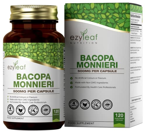 Ezyleaf Bacopa Monnieri 500mg | 120 Capsulas Veganas de Alta Potencia | Nootropicos para la Memoria y Concentracion | Sin Gluten, OGM, Lacteos o Alergenos