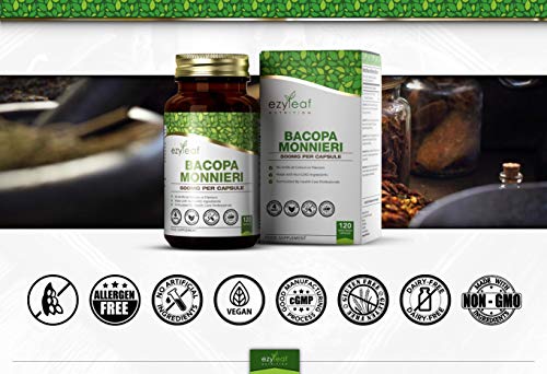 Ezyleaf Bacopa Monnieri 500mg | 120 Capsulas Veganas de Alta Potencia | Nootropicos para la Memoria y Concentracion | Sin Gluten, OGM, Lacteos o Alergenos