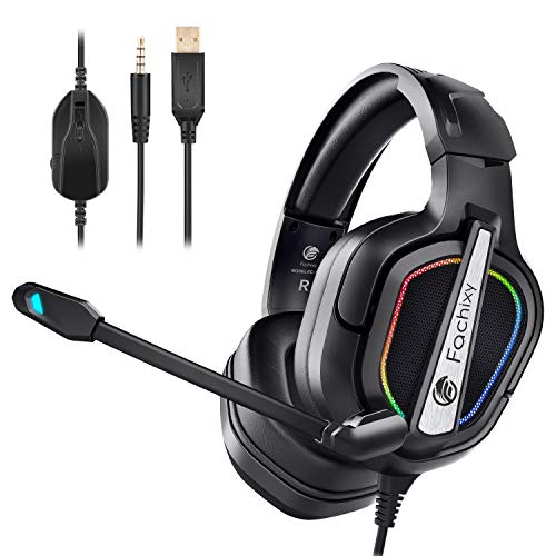 Fachixy Cascos Gaming para PS4/PS5/PC/Xbox One/Nintendo Switch, Auriculares Gaming Cancelación de Ruido, Cascos con Microfono Estéreo Sonido, Cascos PS4 con 3.5mm Jack con Luz RGB(Gris)