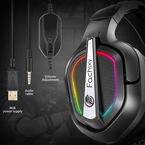 Fachixy Cascos Gaming para PS4/PS5/PC/Xbox One/Nintendo Switch, Auriculares Gaming Cancelación de Ruido, Cascos con Microfono Estéreo Sonido, Cascos PS4 con 3.5mm Jack con Luz RGB(Gris)