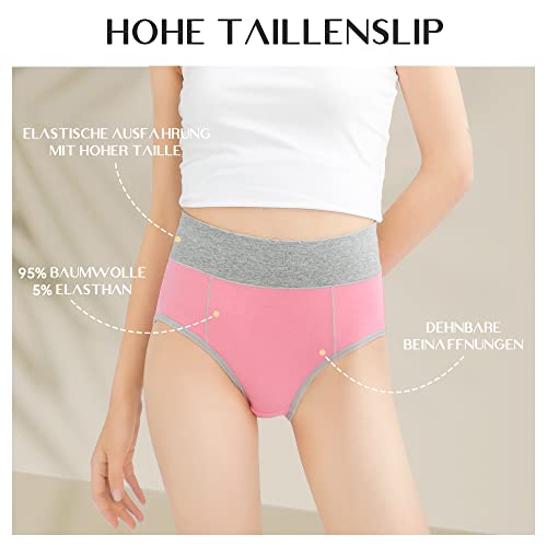 Falechay Bragas Algodón Mujer de Talle Alto 5 Pack Bikini Braguita de Cintura Alta Cómodo Talla Pack de 5 Negro/Rosa/Rojo/Azul/Rosa/Amarillo 2XL