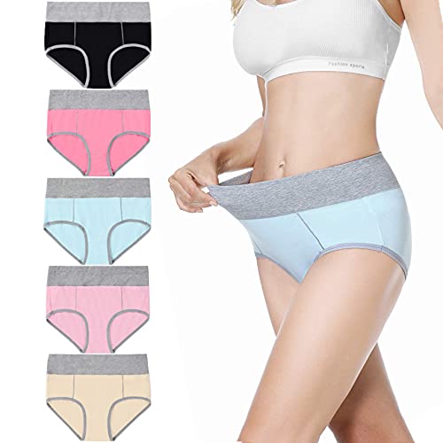 Falechay Bragas Algodón Mujer de Talle Alto 5 Pack Bikini Braguita de Cintura Alta Cómodo Talla Pack de 5 Negro/Rosa/Rojo/Azul/Rosa/Amarillo 2XL