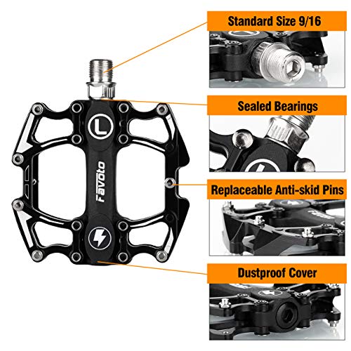 Favoto Pedales de Bicicleta Montaña, Pedales Bicicleta de Aleación de Aluminio Antideslizante con Cojinetes Sellados de Ciclismo, Rosca de 9/16" para Adultos BMX MTB Bicicleta de Carretera Urbana